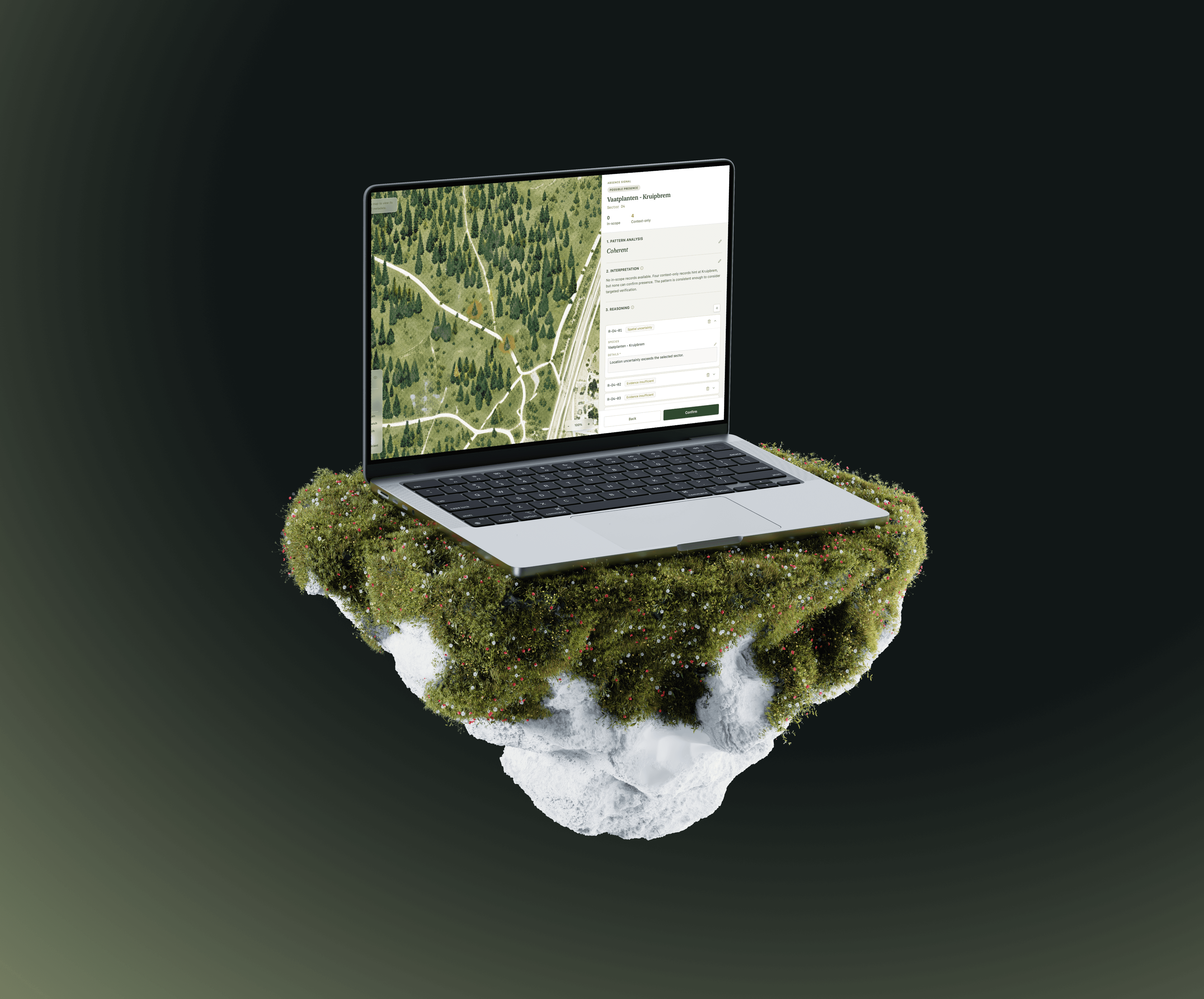BIJ12 ecological assessment interface on a laptop set into a floating landscape
